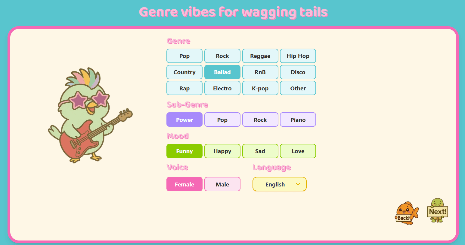 Choose genre, mood and voice for your custom PetSongs AI track