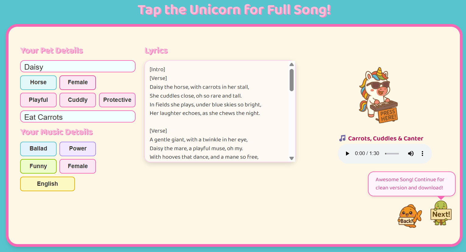 Playback screen with your finished AI-generated pet song