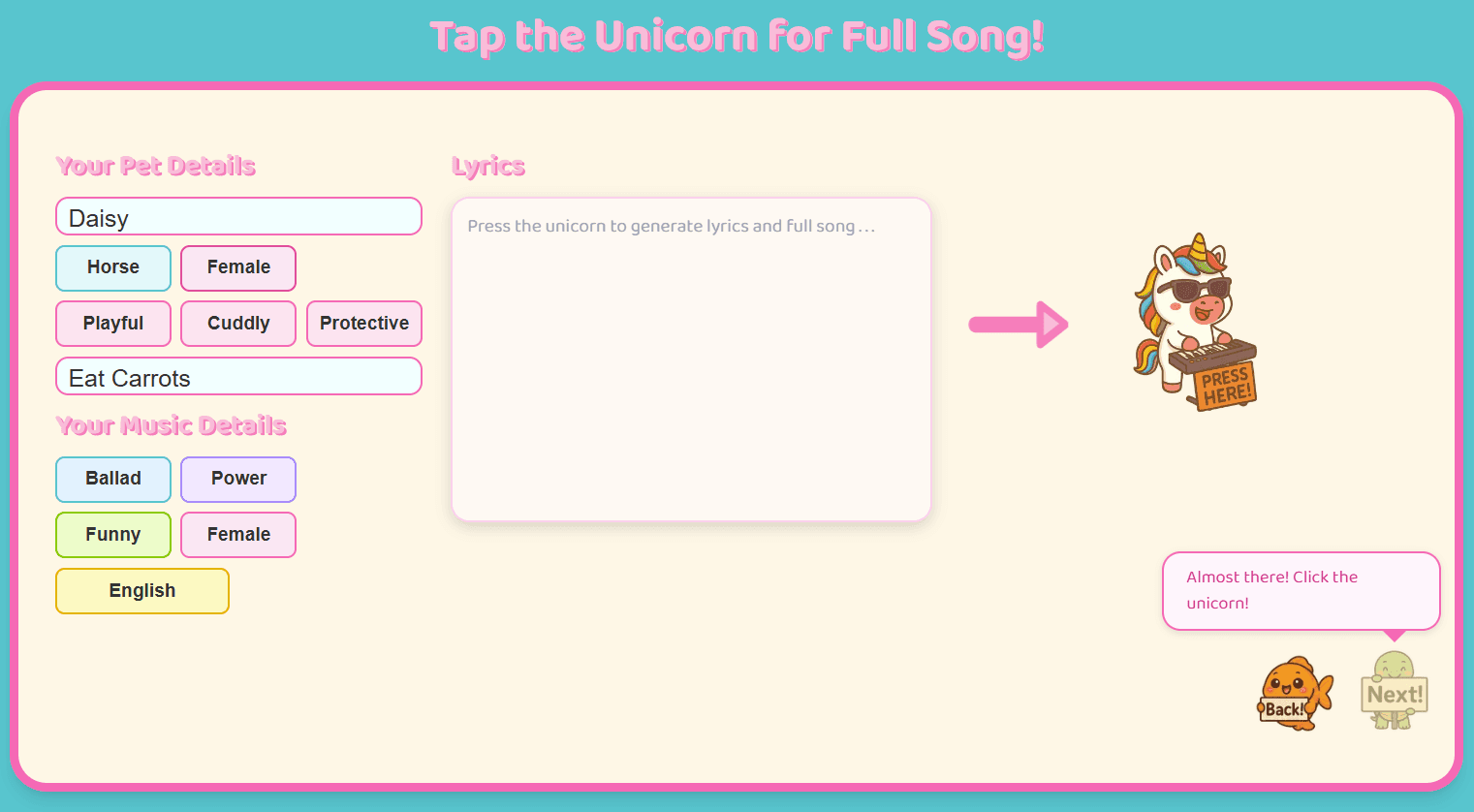 Playback screen before your AI-generated pet song is created